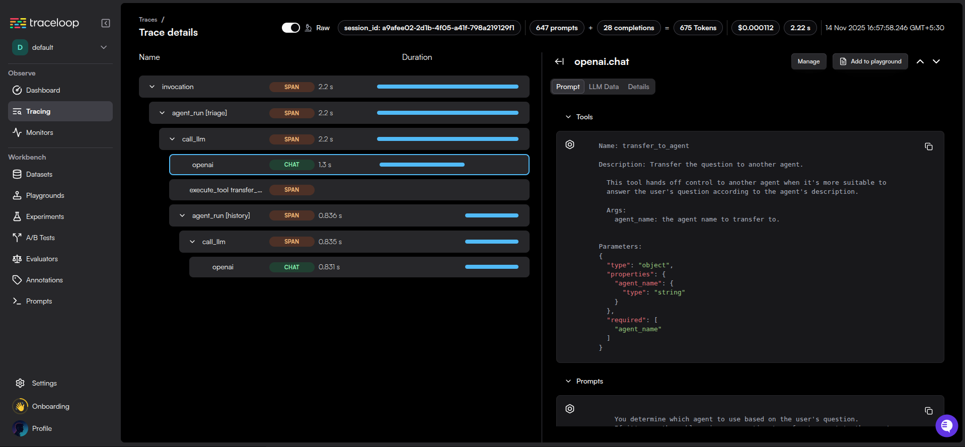 OpenLLMetry Trace Detail